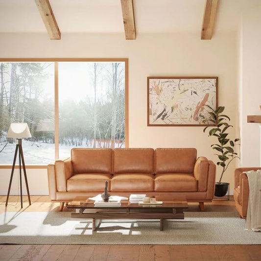 Valencia Artisan Full Leather Sofa 88” Pure Italian Nappa Leather Couch with Solid Wood Accent Ultimate Comfort, Cognac Tan