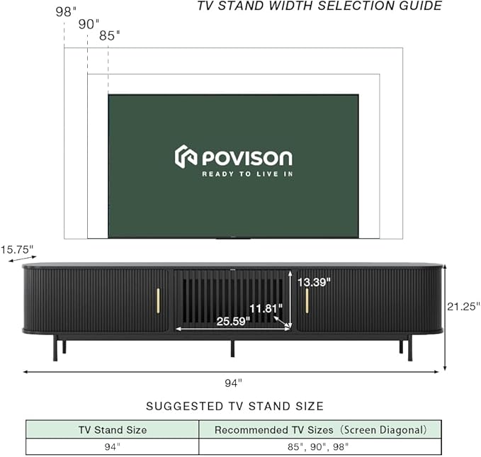 POVISON Fully-Assembled Mid Century Modern TV Stand for 75+ inch TV, Sliding Door Entertainment Center with Storage, Wood TV Console, Media Console for Living Room Bedroom(Black, 94.49")