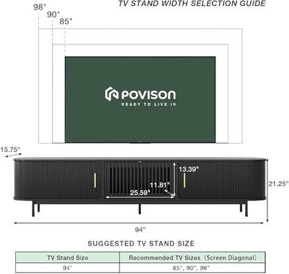 POVISON Fully-Assembled Mid Century Modern TV Stand for 75+ inch TV, Sliding Door Entertainment Center with Storage, Wood TV Console, Media Console for Living Room Bedroom(Black, 94.49")
