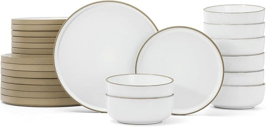 Famiware Nature Plates and Bowls Set, 24 Pieces Dinnerware Sets, Dishware Sets, Dishes Set for 8, Microwave and Dishwasher Safe, Snowy White