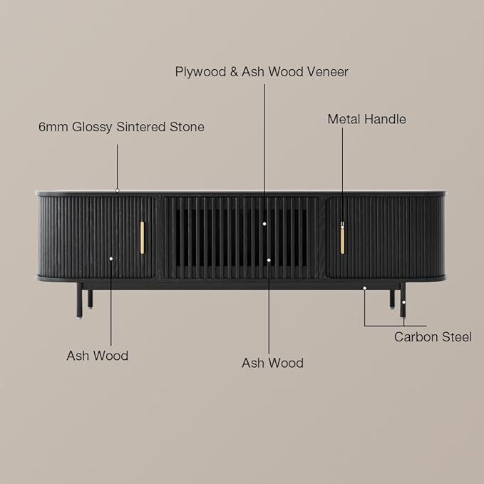 POVISON Sliding Tambour Door TV Stand, Mid Century Modern Sintered Stone TV Console, Wood Media Console for 70 Inch TV, Entertainment Center with Storage Cabinet, Fully-Assembled (Black, 70.87")
