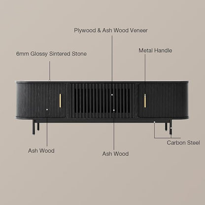 POVISON Sliding Tambour Door TV Stand, Mid Century Modern Sintered Stone TV Console, Wood Media Console for 75 Inch TV, Entertainment Center with Storage Cabinet, Fully-Assembled (Black, 78.74")