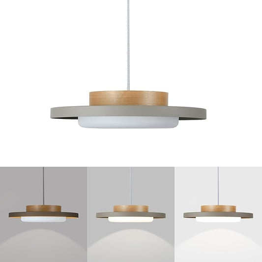 Modern Pendant Lights,15 inch,Natural Wood Cap,3000K/Warm White/22W Dimmable,LED Pendant Light Fixtures for Kitchen, Dining Room, Living Room,Gray