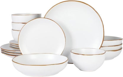 Gibson Home Hazeltine 16 Piece Plates and Bowls Dishes Stoneware Ceramic Dinnerware Set - White