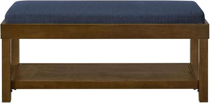 24KF Large Rectangular Storage Bench,Upholstered Seat Cushion,Ottoman Coffee Table with Navy Blue Removable Cushion for Living Room,Entryway Bench Bed Bench with Solid Wood Shelf,5069-Navy Blue