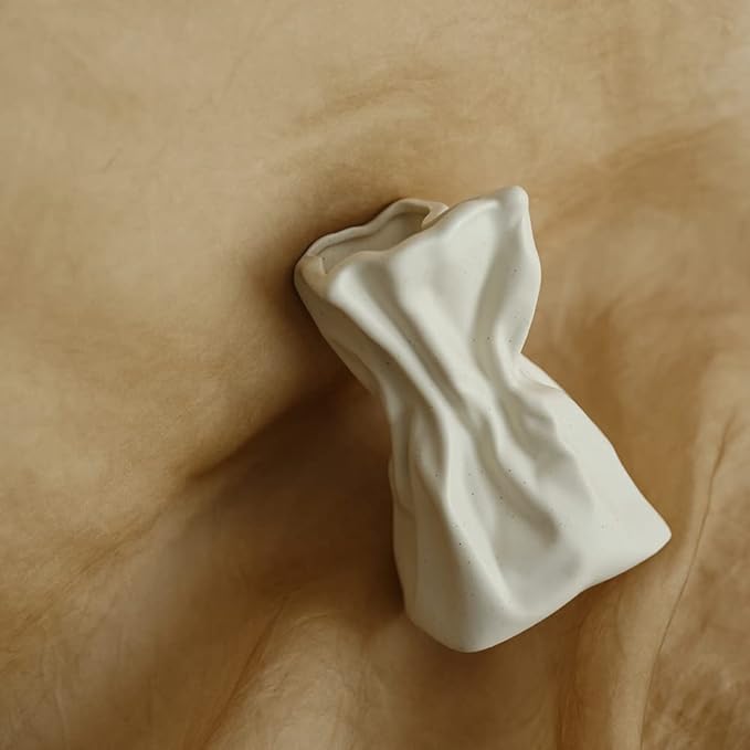 Grab Paper Bag Ceramic Vase, Crinkle Paper Bag Design for Flower Arrangement, Living Room, Dinner Table Decoration Matte Crème