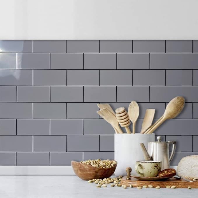 AULIGET 3" x 6" Subway Tile Peel and Stick Backsplash, Thick PVC Stick on Wall Tiles (100, Polished Grey Tile Look)