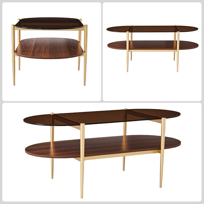 Saint Mossi Oval Glass Coffee Table for Small Living Room, Double Layer Glass and Wood Center Table, Brown Glass & Coffee Brown MDF Bottom Shelf, 41”x21 x17, Gold Table Legs