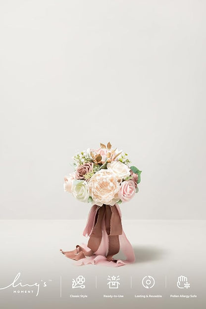 Ling's moment Artificial Flowers Pink Bridesmaid Bouquet, Dusty Rose Wedding Flowers Bouquets for Bridesmaids, 7 Inch Bridal Bouquets for Bridesmaids, Wedding, Ceremony, Anniversary, etc