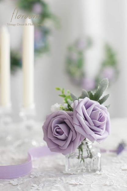 Floroom Artificial Flowers 50pcs Real Looking Lilac Foam Fake Roses with Stems for DIY Wedding Bouquets Baby Shower Centerpieces Floral Arrangements Party Tables Home Decorations