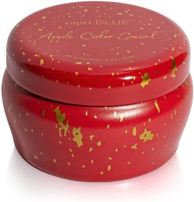 Capri Blue Glimmer Mini Tin - Apple Scented Candle with Mini Candle - Soy Wax Blend - Capri Blue Apple Cider Social Red and Gold (3 oz)