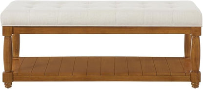 24KF Large Rectangular Upholstered Tufted Bed Bench, Linen Fabric Storage Ottoman Bench for Living Room, Padded Entryway Bench with Solid Wood Shelf,5098-Ivory