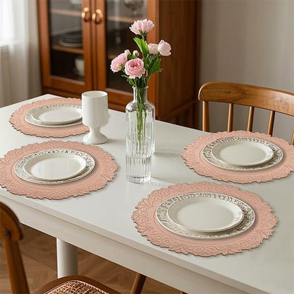 Noctiflorous Round Faux Leather 15 Inch Placemats Set of 4 Waterproof Wipeable Heat Resistant Tablemat for Dining Table Kitchen Non Slip Oilproof Table Place Mat for Indoor Outdoor(Pink, 4)
