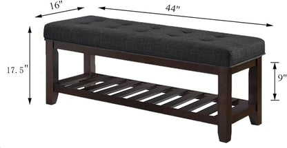 24KF Large Rectangular Upholstered Tufted Linen Ottoman Bench, Padded Bench with Solid Wood Shelf-Dark Gray