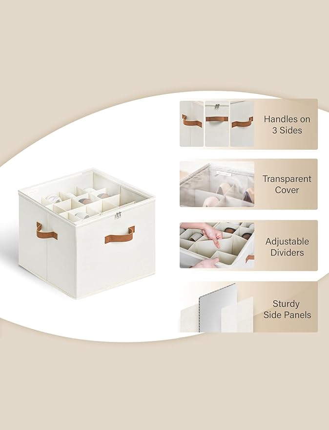 StorageWorks Shoe Organizer for Closet, Fits up to 16 Pairs, Shoe Cubby Storage Containers with Adjustable Dividers and Clear Cover, Beige