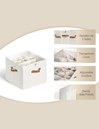 StorageWorks Shoe Organizer for Closet, Fits up to 16 Pairs, Shoe Cubby Storage Containers with Adjustable Dividers and Clear Cover, Beige