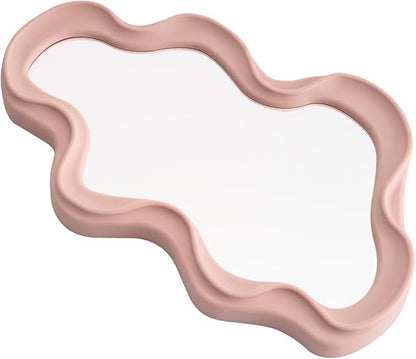 Funky Small Decorative Wall Mirror - Pink Asymmetrical Wavy Design,Hanging Mirror for Bedroom, Bathroom Entryway Modern Irregular Squiggly Shape,Compact Size, Easy Install