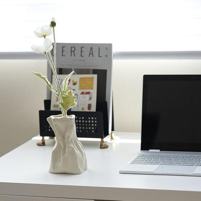 Grab Paper Bag Ceramic Vase, Crinkle Paper Bag Design for Flower Arrangement, Living Room, Dinner Table Decoration Matte Crème