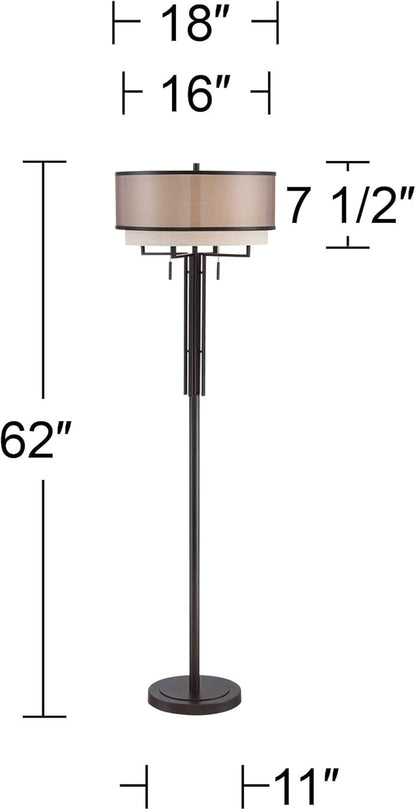 Franklin Iron Works Alamo Industrial Rustic Farmhouse Standing Floor Lamp 62" Tall Bronze Sheer Brown Organza Linen Fabric Double Drum Shades for Living Room Reading Bedroom Office House Home Decor