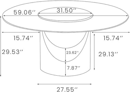 POVISON 59" Round Dining Table for 4-6 with 31" Lasy Susan, Glass Tabletop Dining Table with Bronze Carbon Steel Pedestal, Modern Dining Room Table for Kitchen, Living Room (Table Only)