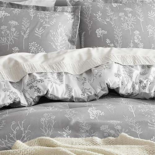 Bedsure King Comforter Set - Grey Bed Set, 3 Pieces Cute Floral Bedding, 1 Soft Reversible Botanical Flowers Comforter and 2 Pillow Shams