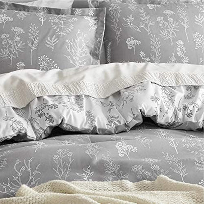 Bedsure King Comforter Set - Grey Bed Set, 3 Pieces Cute Floral Bedding, 1 Soft Reversible Botanical Flowers Comforter and 2 Pillow Shams