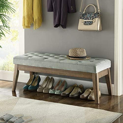 24KF Velvet Upholstered Buttons Tufted Entryway Bench with Solid Wood Leg,Bed Bench Ottoman with Padded Seat,5034-Gray