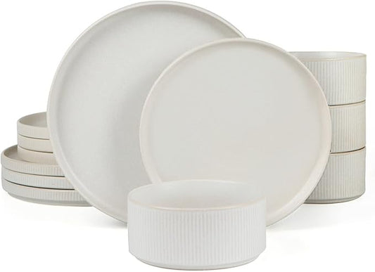 Famiware Star Dinnerware Sets, Plates and Bowls Set for 4, 12 Pieces Ribbed Dishes - Chip and Scratch Resistant, Microwave and Dishwasher Safe Tableware, Matte White