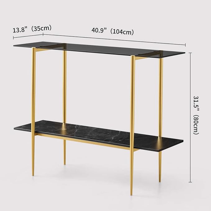 Glass Console Table for Living Room, Foyer & Entrance, 2-Tiers Mid-Century Modern Sofa Table with Grey Glass Top, Black Marble Finish Wood Shelf and Gold Finish Frame