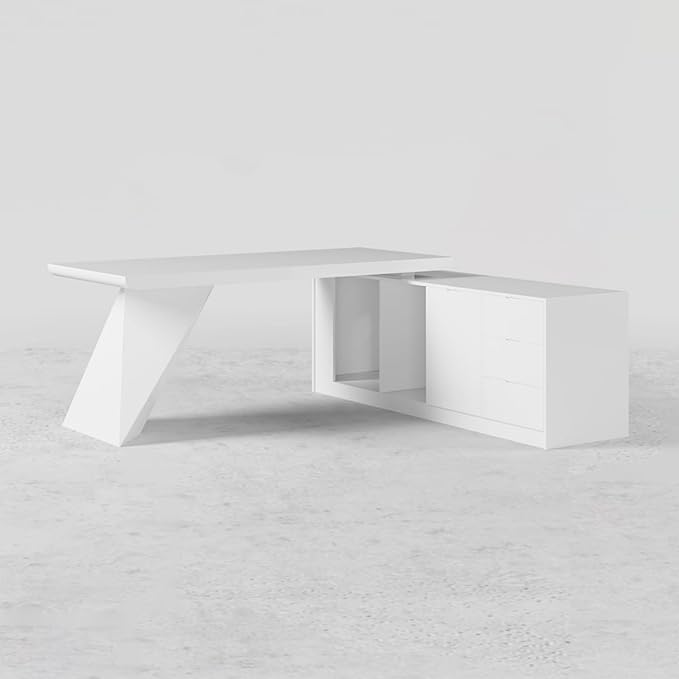 homary 70.9" Modern L-Shape Executive Desk, Home Office Desk with Drawers & Cabinet Modern Computer Desk for Home Business Furniture, White, Right Hand