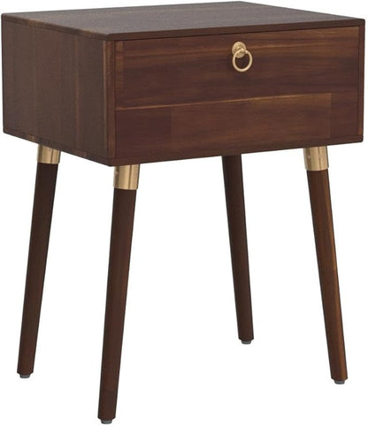 Bme Alden Solid Wood Bedside Table End Table with 1 Drawer for Mid Century Bedroom and Living Room, Dark Chocolate