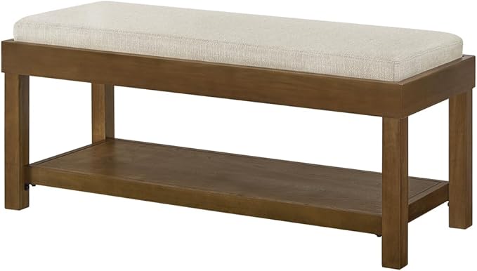 24KF Large Rectangular Storage Bench,Upholstered Seat Cushion,Ottoman Coffee Table with Ivory Removable Cushion for Living Room,Entryway Bench Bed Bench with Solid Wood Shelf,5069-Ivory