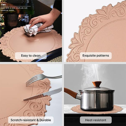 Noctiflorous Round Faux Leather 15 Inch Placemats Set of 4 Waterproof Wipeable Heat Resistant Tablemat for Dining Table Kitchen Non Slip Oilproof Table Place Mat for Indoor Outdoor(Pink, 4)