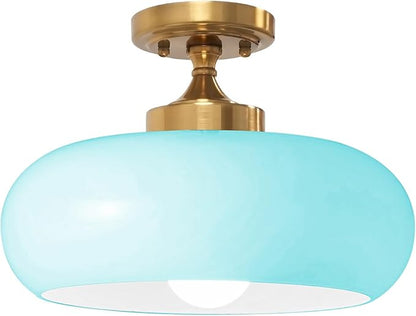 Mid Century Modern Flush Mount Ceiling Light Vinatage 11.02" Blue Glass Shade Brass Finish Ceiling Light Fixture Closet Overhead Light for Bathroom Kitchen Passway