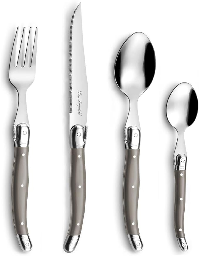 Amefa Lou Laguiole Tradition 24-Piece Vintage Taupe Stainless Steel Polypropylene Silverware Flatware Utensils Set - Silverware Set - Stainless Steel Flatware