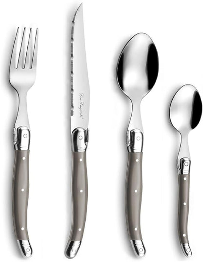 Amefa Lou Laguiole Tradition 24-Piece Vintage Taupe Stainless Steel Polypropylene Silverware Flatware Utensils Set - Silverware Set - Stainless Steel Flatware