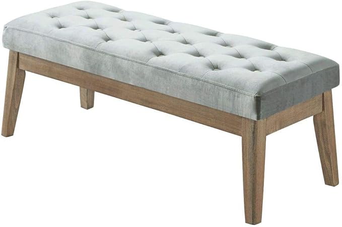 24KF Velvet Upholstered Buttons Tufted Entryway Bench with Solid Wood Leg,Bed Bench Ottoman with Padded Seat,5034-Gray