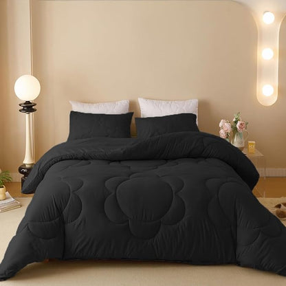 CLOTHKNOW Black King Size Comforter Set Daisy Puff Bedding Comforter Sets Soft Fluffy Boho Comforter All Black Comforter with 2 x Pillow Cases