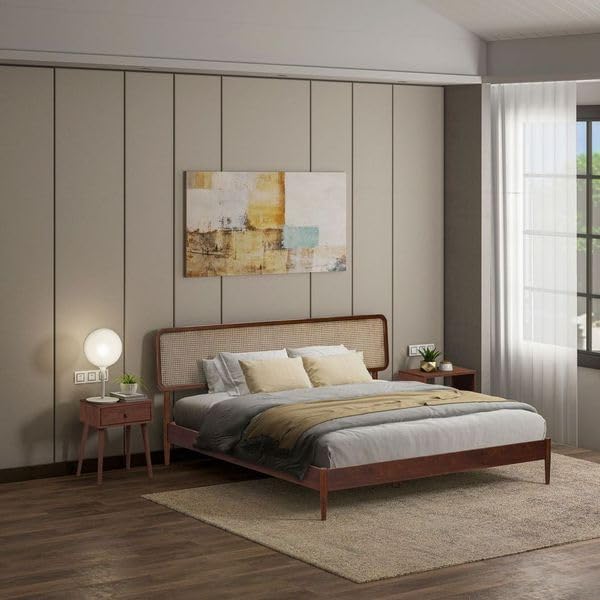 NTC Lupin Wooden Bed Frame with Headboard and Natural Rattan, Solid Oak/Rubber Wood Foundation with Silent Slats, 1000 Lb Capacity, Effortless Assembly (Natural Cane - Dark Walnut, King)