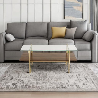 Saint Mossi Tadio Glass Coffee Table, Clear Double Layer Glass Coffee Table for Living Room, Clear Glass & Coffee Brown Bottom Shelf