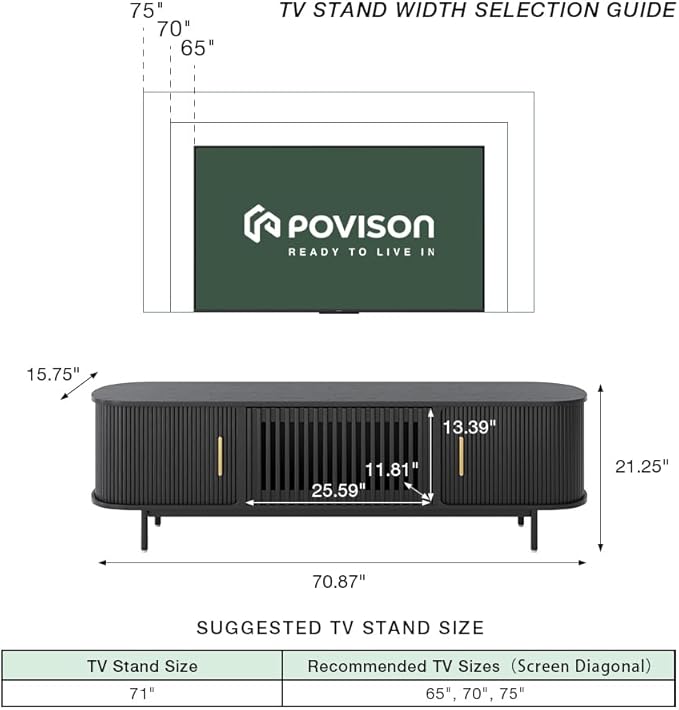 POVISON Fully-Assembled Mid Century Modern TV Stand for 65 inch TV, Sliding Door Entertainment Center with Storage, Wood TV Console, Media Console for Living Room Bedroom(Black, 70.87")