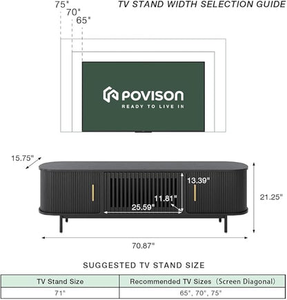 POVISON Fully-Assembled Mid Century Modern TV Stand for 65 inch TV, Sliding Door Entertainment Center with Storage, Wood TV Console, Media Console for Living Room Bedroom(Black, 70.87")