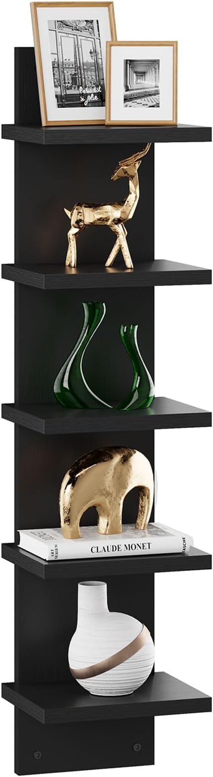 IBUYKE 5 Tier Wall Shelf Unit,Black Vertical Shelf,Floating Storage Wall Shelf,Decorative Wall Mount Vertical Shelving for Home, Bedroom,Living Room,Office Decor WBC009B