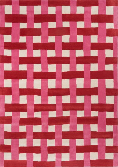 Hand-Tufted Wool Checkered Area Rug 5x8 Ft – Pink Red Basketweave Carpet for Living Room, Bedroom, Playroom – Soft Plush Texture, Modern Artistic Floor Décor