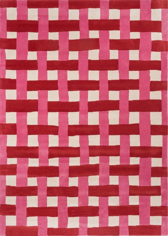 Hand-Tufted Wool Checkered Area Rug 4x7 Ft – Pink Red Basketweave Carpet for Living Room, Bedroom, Playroom – Soft Plush Texture, Modern Artistic Floor Décor