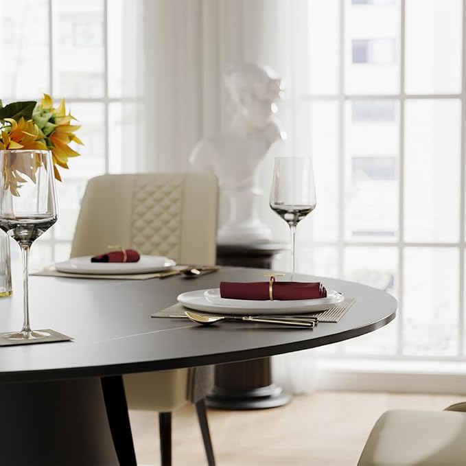 POVISON 47" Round Dining Table for 4, Modern Dining Table Round, Matte Black Sintered Stone Tabletop with Black Carbon Steel Pedestal (Dining Room Table Only)