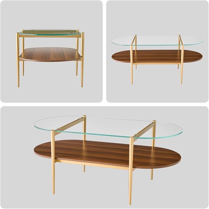 Saint Mossi Oval Glass Coffee Table for Small Living Room, Double Layer Glass and Wood Center Table, Clear Glass & Coffee Brown MDF Bottom Shelf, 41”x21 x17, Gold Table Legs