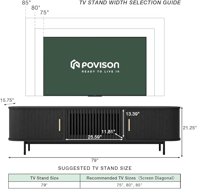 POVISON Fully-Assembled Mid Century Modern TV Stand, Sliding Tambour Door Entertainment Center with Storage, Wood TV Console, Media Console for Living Room Bedroom(Black, 78.74")