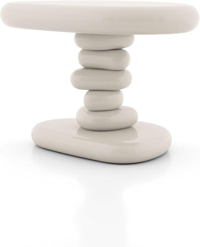 24/7 Shop at Home Kavren Modern 22-inch Oval Glossy Pedestal End Table, Stone Shape Living Room Furniture for Small Space, Ivory