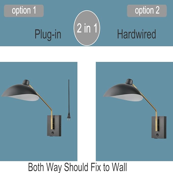 CLAXY Plug in Wall Sconce Swing Arm Wall Light Matte Black with USB Charge Port-Set of 2, Plug in or Hardwired Wall Mounted Lights for Bedroom Reading Room Living